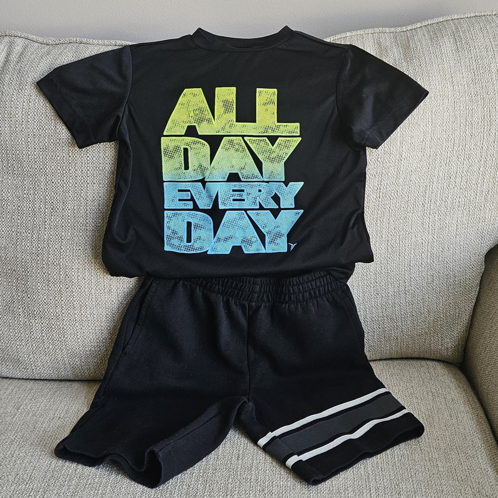 OLD NAVY Boys Black Tee Shirt and Black Shorts With Stripes